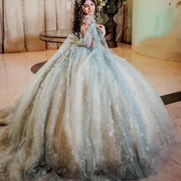 الفاتح الخضراء الفاتحة اللمعان الكريستال ثوب الكرة الثوب quinceanera مع الرأس الكرز tull tull vestidos de 15 anos