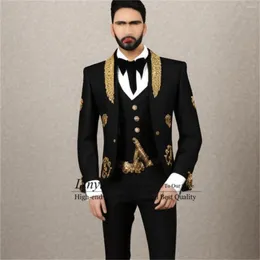 Men's Suits Stylish Gold Embroidered Groom Wedding Tuxedos 3 Pieces Sets Men Suit Slim Fit Prom Blazers Pants Outfit Business Costume Homme