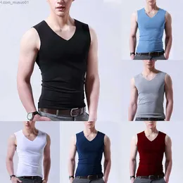 Men's Tank Tops Ice Silk Mens Solid Tank Tops Sexy V Neck Sleeveless Vests Male No Trace Undershirt Elastic Fitness Casual Bodybuilding SuitsL2402