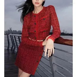 Women's Knits 2024 Autumn And Winter Christmas Wool Sweater Suit Round Neck Diamond Button Long-sleeved Cardigan / A-line Mini Skirt