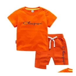 Clothing Sets Summer Suits 0-13 Years Boys Girls Brand Letter Printed 100% Cotton Orange T-Shirts Sport Shorts 2Pcs Sets Childrens Com Dhdgo