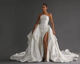 2024 لؤلؤة حديثة وصمة عار حورية البحر مع ثياب الزفاف مع ذيل 3D القابل للانفصال ثلاثية الأزهار الفخذين الفخذ عالية الثوبات الزفاف Vestidos de Novia