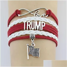 Cazibe bilezikler 10pc/lot infinity love bethe değiştirme Trump bayrağı takıları bilezikler deri örgü bileklik erkekler kadın moda damla del dhfa5