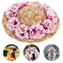 Hundkläder husdjur blomma halm hatt vår sommarvävd kostym tillbehörsstorlek s (rosa slumpmässiga stil för hundar