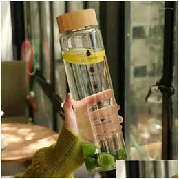 Water Bottles 1000Ml Large Capacity Glass Bottle With Time Marker Er For Drink Transparent Milk Juice Simple Cup Birthday Gift Drop Dhmhn
