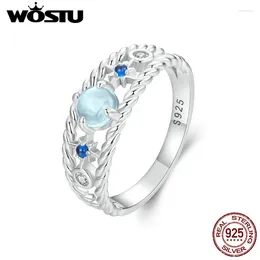 Anéis de Cluster Wostu 925 Sterling Silver Hollow Out Star Moon Anel Azul Spinel Brilhante CZ Festa Elegante Jóias Presente Para Mãe Amante Filha