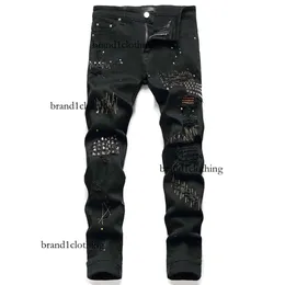 Kot Da Uomo Rivetti Strappati Elasticizzati Nuovi Pantaloni'de Denim Con Buco Nero Piccolo E Dritto Stile Punk Moda Caual Street Giyim