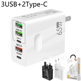 2PD+3USB Multi-Port Wall Adapter EU/US/UK Adapted 65W Phone Laptop Charger for Samsung Apple Xiaomi