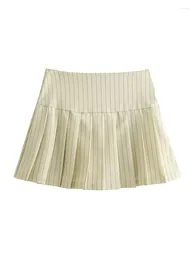 Saias Yenkye Mulheres American Retro Listrado Plissado Mini Saia Sexy Cintura Baixa Zíper Feminino Verão