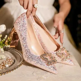 Sandals Party Wedding Pink paljetter Pumpar Damer Rhinestone Pointed Toe Stiletto High Heels Shoes Women glid på brudbrudtärna Skor2402