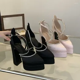 Stil Moda Rhinestones Çift Platform Kamaları Kadınlar Pompalar İlkbahar Yaz Saten 15cm Ultra Yüksek Topuklular Chunky