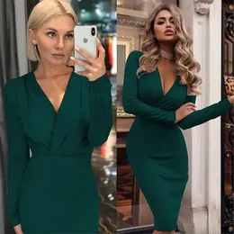 2024 Vintage Dark Green Long Sleeves Short Cocktail Dresses Sexy Deep V Neck Sheath Party Gown Women Formal Prom Evening Office Dress