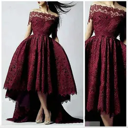 2024 Burgundy Lace Ball Gown Prom Dresses Dubai Saudi Arabia Off-shoulder High Front Low Back occasion dresses Evening Dress Gowns