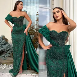 Green Mermaid evening dresses elegant off shoulder beading Prom Dress waist decor Long dresses for special occasions sweep train evening gowns