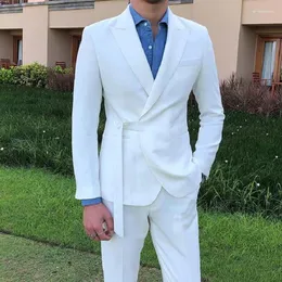 Erkekler takım elbise beyaz damat smokin seçme yaka resmi iş gündelik düğün nemlendirici 2 adet set (ceket pantolon)