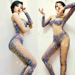 Sahne Giyim Moda Tasarımı Seksi Perspektif Rhineston Bodysuit Kostüm Partisi Gösteri Kadın Şarkıcı Gece Kulübü Performans Tulum