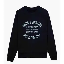 メンズフーディーズスウェットシャツZadig VoltaireデザイナーフーディーZV PLOVER WOMENS BLACK CLACION LETCHERY COTTONT COTTON