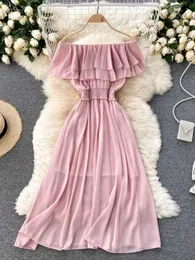 Podstawowe sukienki swobodne damskie szyfonowe sukienka plażowa seksowna podwójnie warstwowa plisowana ramię bohemian sukienka damska słodka przekątna sukienka J240224