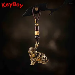 Keychains Lucky Elephant Handmade Pure Brass Men Car Key Chain Hanging Braided Rope Copper Animal Figurine Keychain Pendants Retro Keyring