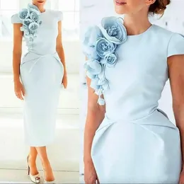 手作りの花のページェントキャップ半袖の新しいエレガントなフォーマルなイブニングドレス2024ティーレングスシースプロムパーティーカクテルドレス