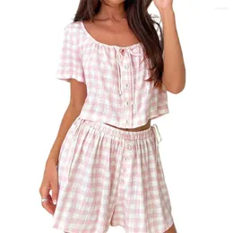 Kvinnors spårningsdräkter Puloru Summer Plaids Two-Piece Top Shorts Set for Women Casual Street Lounge Wear Short Sleeve Tie-Up T-Shirt Wide Leg