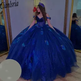 네이비 블루 글리터 크리스탈 3D 꽃 공이 Quinceanera 드레스 어깨 진주 구슬 구슬 코르셋 멍청이 드 xv anos