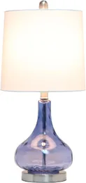 Modern Timeless Colored Dimpled Glass Endtable Bedside Table Desk Lamp with White Fabric Tapered Drum Shade, Dark Blue
