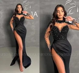 Sexy Arabic Thigh Split Evening Dresses High Neck Black Prom Dress New Beads Sequins Sheer Long Sleeves Party Ocn Gowns For Women Formal Bc18205