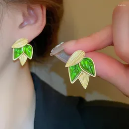 Stud Earrings MENGJIQIAO French Retro Green Resin Leaf Shape For Women Girls Simple Earring Temperament Brincos Jewelry Gifts