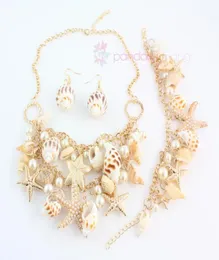 2015 Nowy projekt mody Golden Chain Multilement Pearl Peats Conch Conch Starfish Naszyjnik Set13352422
