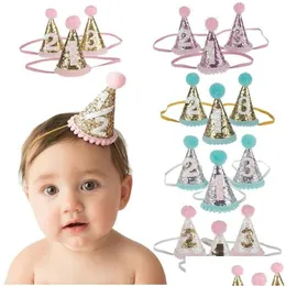 Hair Accessories 1/2/3 Birthday Party Hats Headband Crown Princess Prince Headdress Baby Shower Kids Decoration 20 Colors Drop Deliv Dhqu6