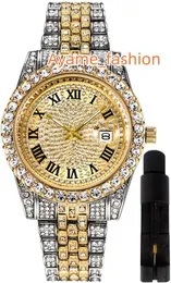 HUNRUY Hip Hop Herrenuhr Iced Out Funkelnder Diamant Luxus Quarzuhr mit Datum