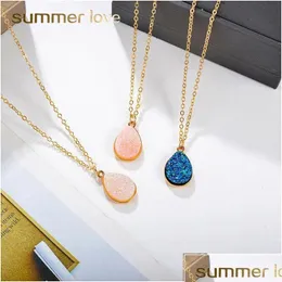 Pendant Necklaces Pendant Necklaces High Quality Teardrop Resin Stone Crystal Druzy Necklace For Women Gold Plating White Pink Blue Fa Dhtq7