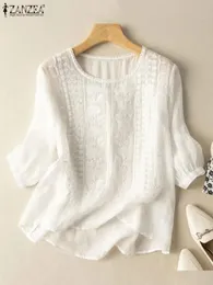 Vintage Shirts ZANZEA Summer Lace Crochet Blouse Women 34 O Neck Sleeve Tops Embroidery Blusas Femme Causal Cotton Chemsie 240220