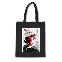 Einkaufstaschen im japanischen Stil Canvas-Tasche Baumwolle Hochwertige schwarze Unisex-Handtasche mit Fischdruck Benutzerdefiniertes Tuch Bolsas De Mano309W