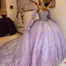 Lüks leylak parlak prenses balo elbisesi quinceanera elbiseler aplikler dantel boncuklar tull rhinestones vestidos de 15 anos