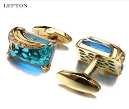 Lowkey Luxury Blue Glass Cufflinks for Mens Lepton Brand High Quality Square Crystal Cufflinks Shirt Cuff Links Relojes Gemelos2454771
