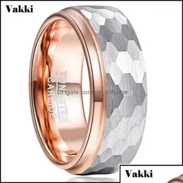 Wedding Rings Wedding Rings Jewelry Vakki 8Mm Wide Tungsten Carbide Ring Side Step Rose Gold Plating Surface Hammered Steel Men Engage Dh5Az