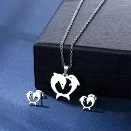 Necklace Earrings Set Stainless Steel Charm Women Playful Couple Dolphin Pendant Engagement Jewelry TZ124