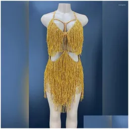 Stage Wear Gold Fringes Dance Costume Party Outfit Tassel Bodysuit Evening Birthday Show Gogo Performance Dress Drop Delivery Apparel Dh2Iz