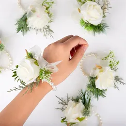 Strand 1pc Artificial Flower Wrist Corsage Bridesmaid Sisters Wedding Armband för Rose Pearl Breast