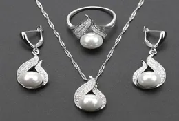 925 Silver Color S Shaped imitation White Pearl Jewelry Set For Women Christmas Gift Silver Color Necklace Earring Ring js314515726