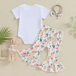 Clothing Sets 3Pcs Infant Baby Girl Easter Outfit Short Sleeve Romper Flower Flare Pants Headband Set Honey