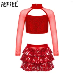 Bühnenkleidung Kinder Mädchen Pailletten Ballett Tanz Sets Langarm Crop Top mit abgestuften Rüschen Rock Shorts für Latin Jazz Tanzen Kostüm