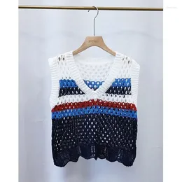Женские майки 2024, модный дизайн, контрастный цвет, полосатый полый пуловер на весну и лето, свободный вязаный жилет без рукавов