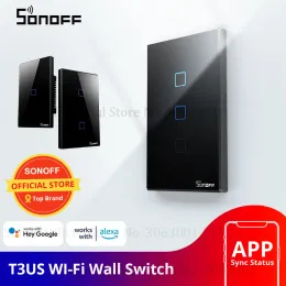 Kontrol Sonoff T3 Akıllı WiFi Duvar Işığı ABD Switch Siyah 120 Tür Sınırla 1/2/3 Gang 433 RF/App/Touch Control Google ile Çalışır