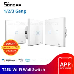 Kontrol Sonoff T2EU TX Sınırlı Akıllı Wifi Duvar Touch Switch Smart Home 1/2/3 Gang 433 RF/Voice/App/Touch Control çalışması Alexa