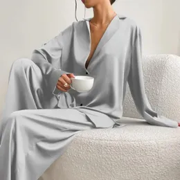Kadın pijama 2024 Bahar Sonbahar Kadın Seksi Homewear Takım Tam Kollu Pant 2 PCS Pijama Sahte İpek Gevşek Nightwear Moda Konforu