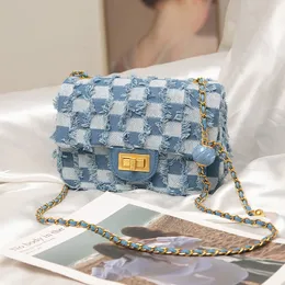 Borsa a catena in denim con motivo a rombi con un nuovo design di fascia alta e di nicchia, borsa da donna in tela, borsa quadrata piccola a tracolla a spalla singola