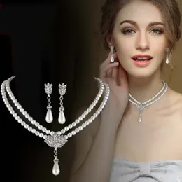 MASA Luxury Bride Pearl Crystal Jewelry Set for Women Korean Temperament Short Collarbone Earring Necklace Set 240220